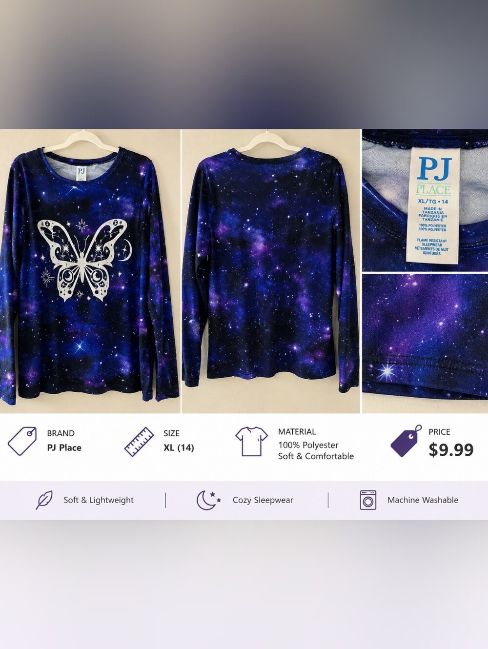 PJ Place Girls' Galaxy Butterfly Long-Sleeve Top - Blue Purple